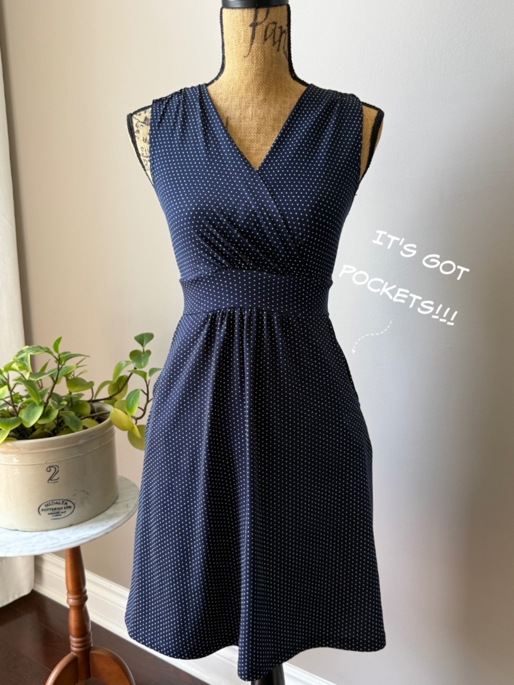 Navy White Polka Dot Faux Wrap Stretchy Summer Dress with Pockets XS | George